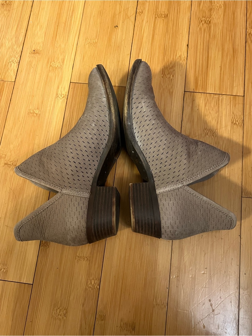 Lucky Brand Perforated Grey Suede Heeled Ankle Boots